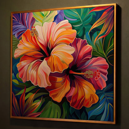 Hibiscus Flowers Canvas Print, Square shown in antique gold floating frame