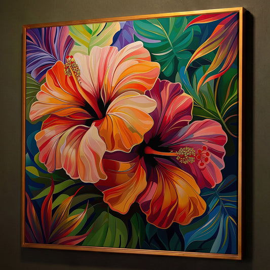 Hibiscus Flowers Canvas Print, Square shown in antique gold floating frame