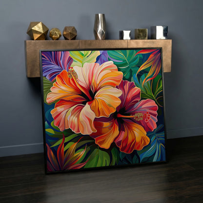 Hibiscus Flowers Canvas Print, Square in black floating frame