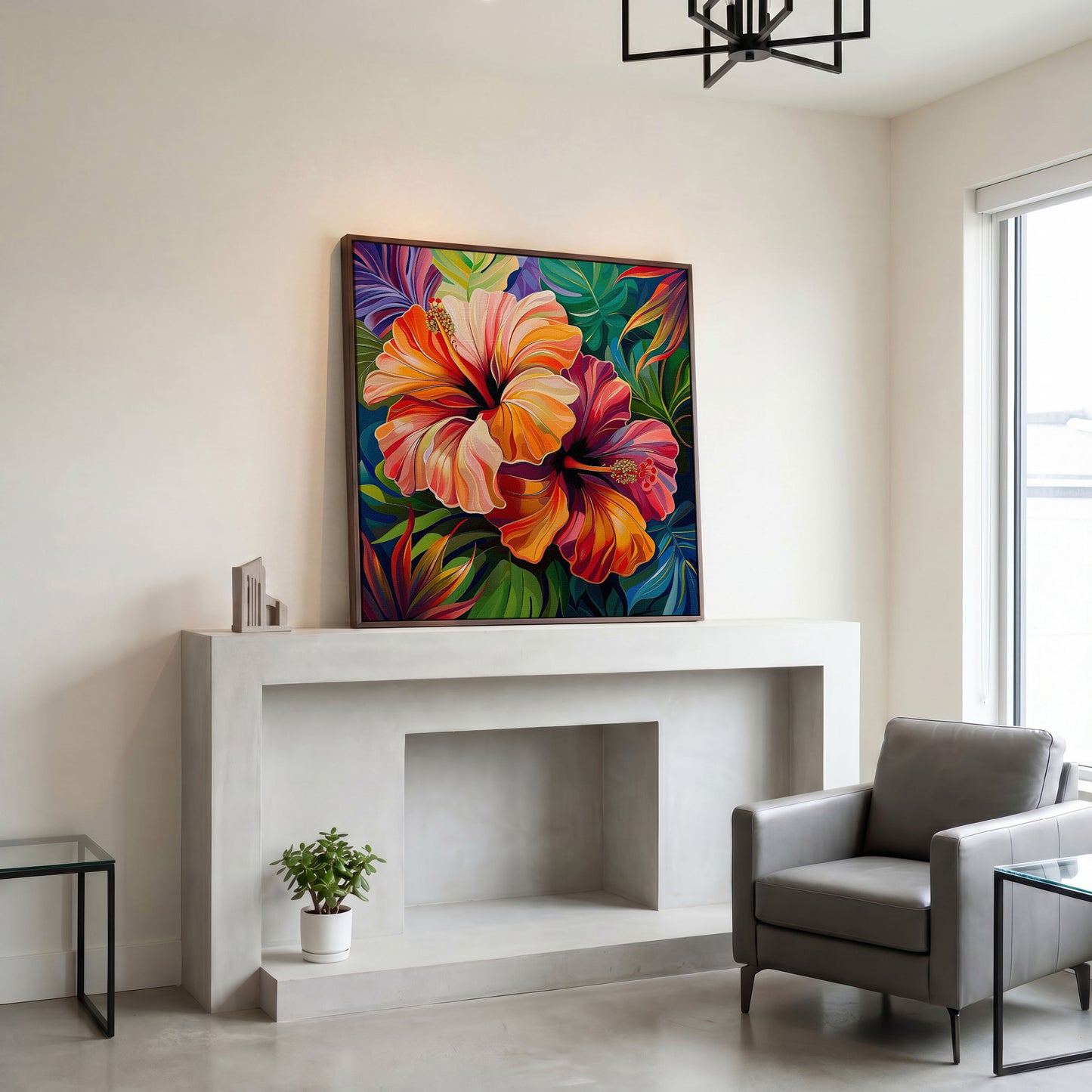 Hibiscus Flowers Canvas Print, Square in dark walnut floating frame