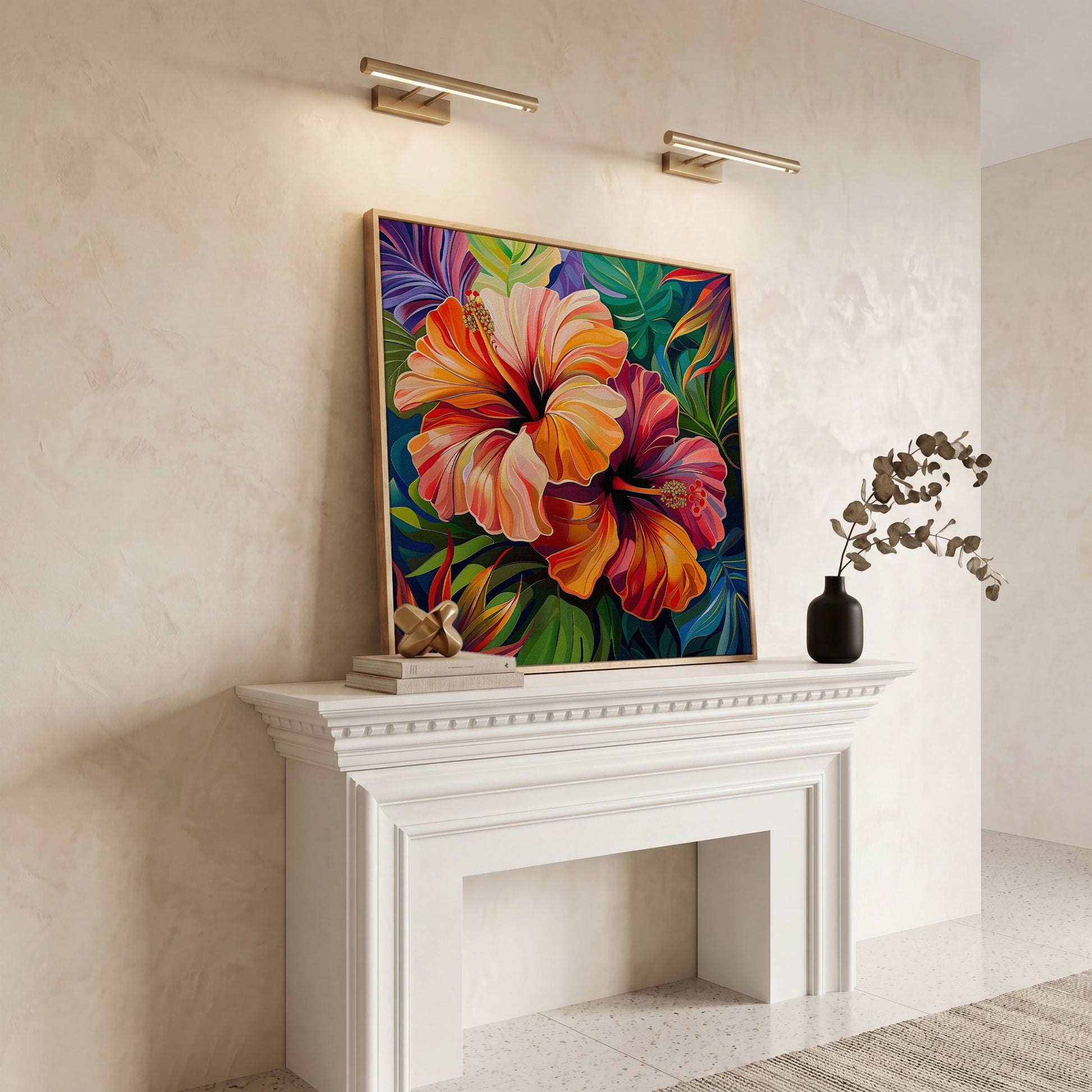Hibiscus Flowers Canvas Print, Square in white oak floating frame