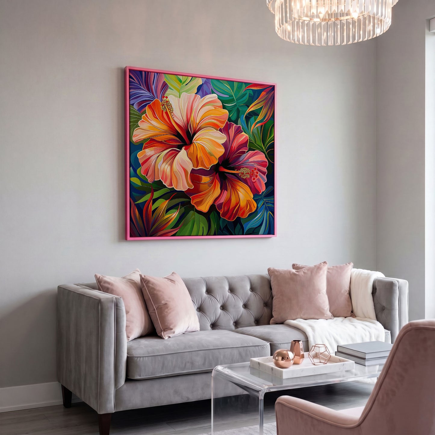 Hibiscus Flowers Canvas Print, Square in pink floating frame