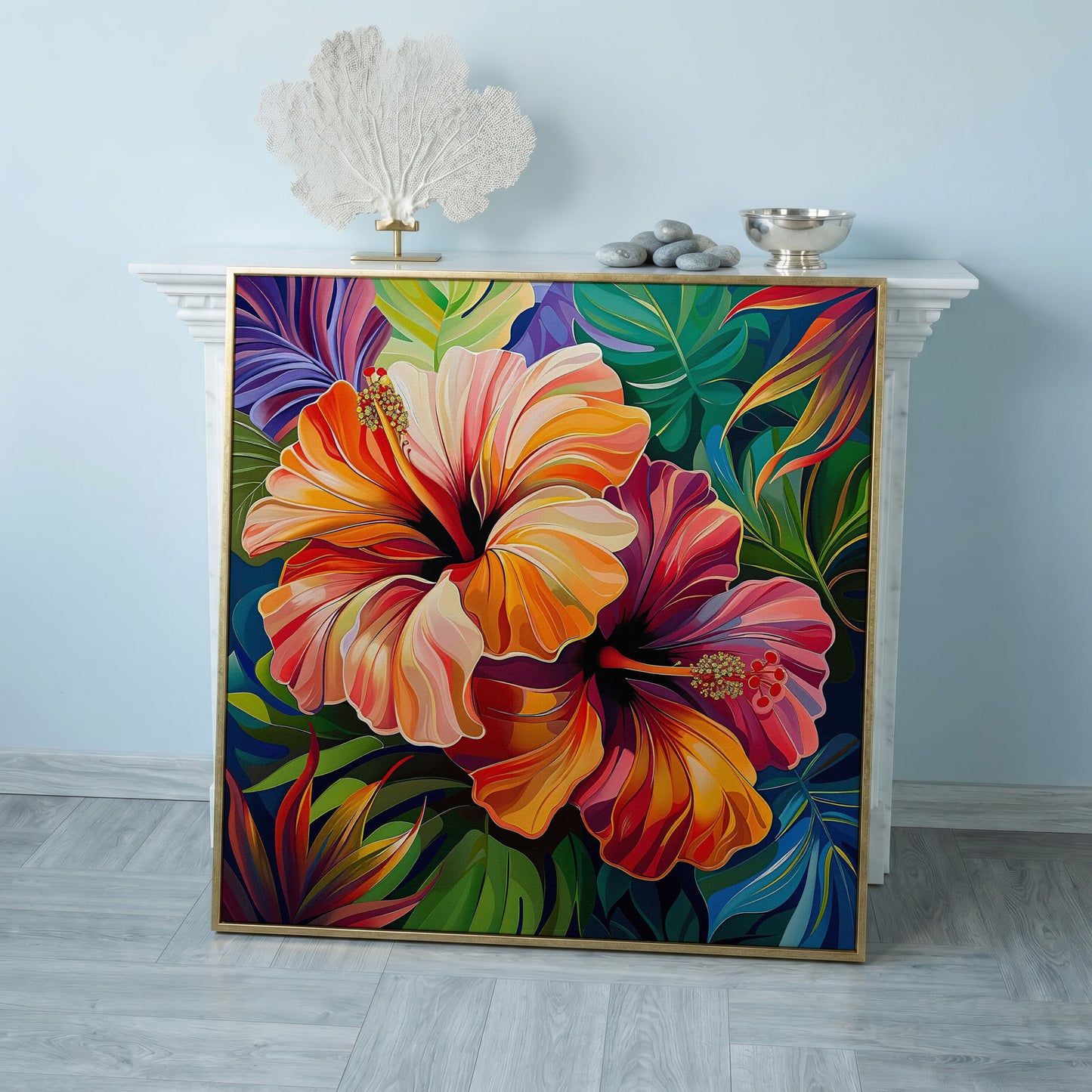 Hibiscus Flowers Canvas Print, Square in rose gold floating frame