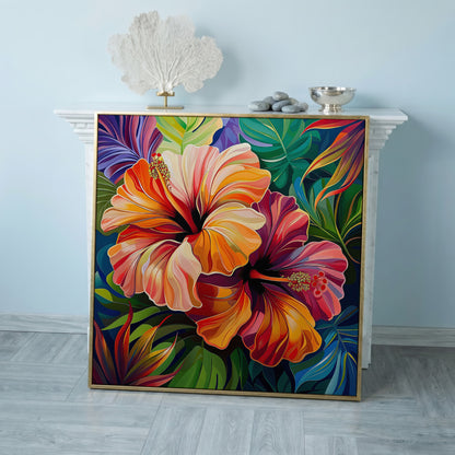 Hibiscus Flowers Canvas Print, Square in rose gold floating frame