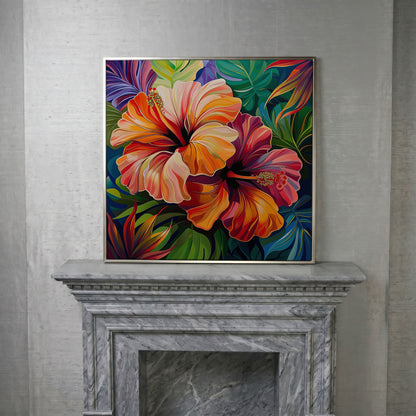 Hibiscus Flowers Canvas Print, Square in silver floating frame