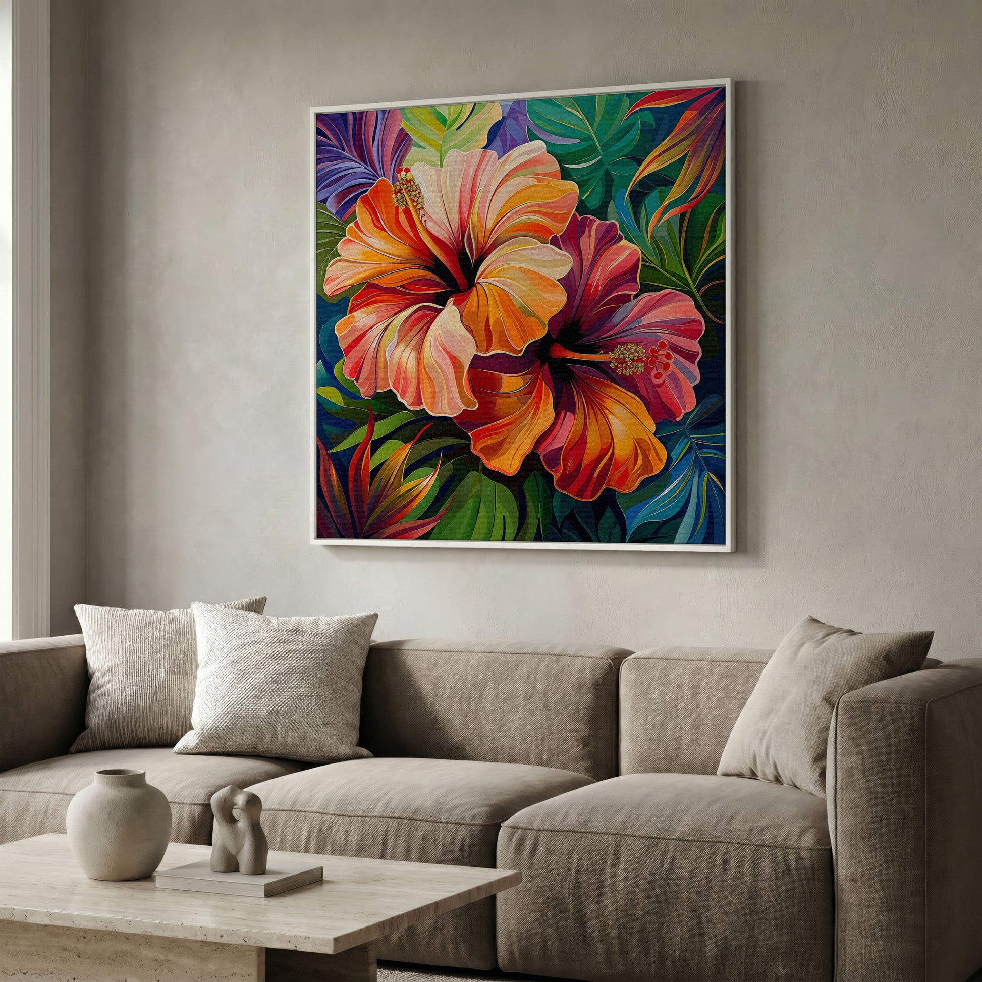 Hibiscus Flowers Canvas Print, Square in white floating frame