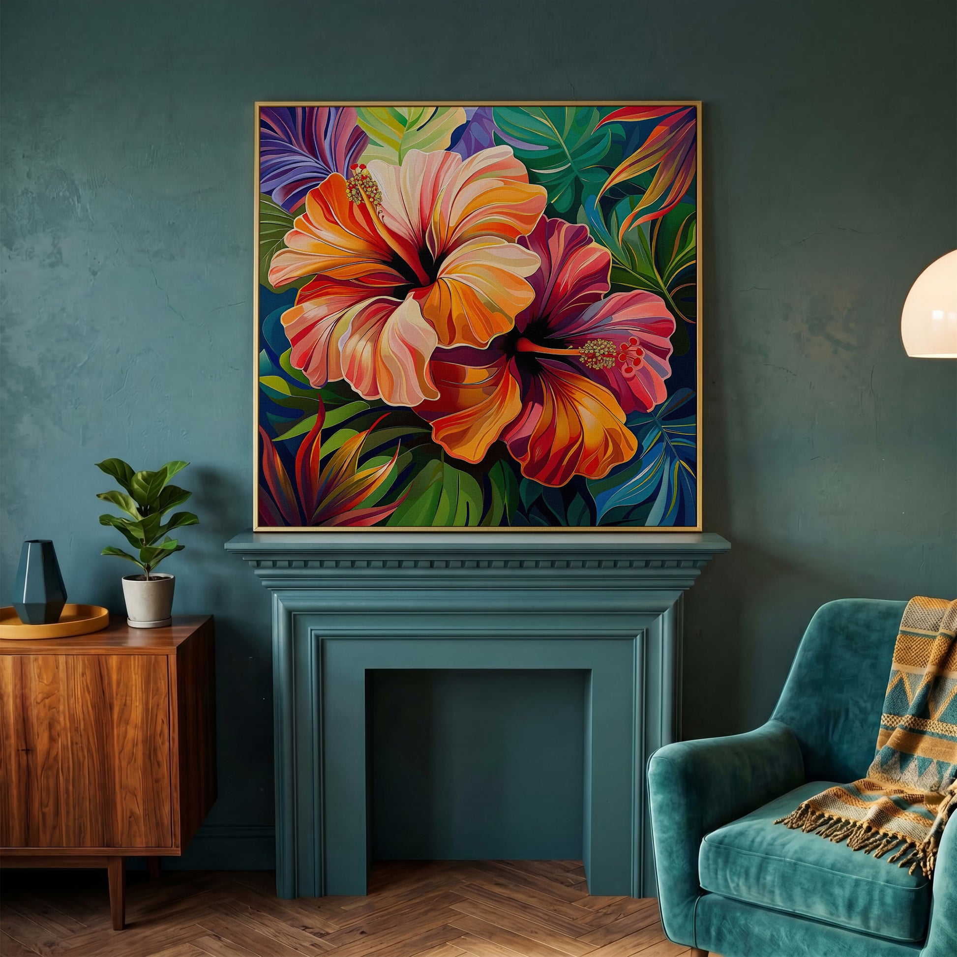 Hibiscus Flowers Canvas Print, Square in yellow gold floating frame