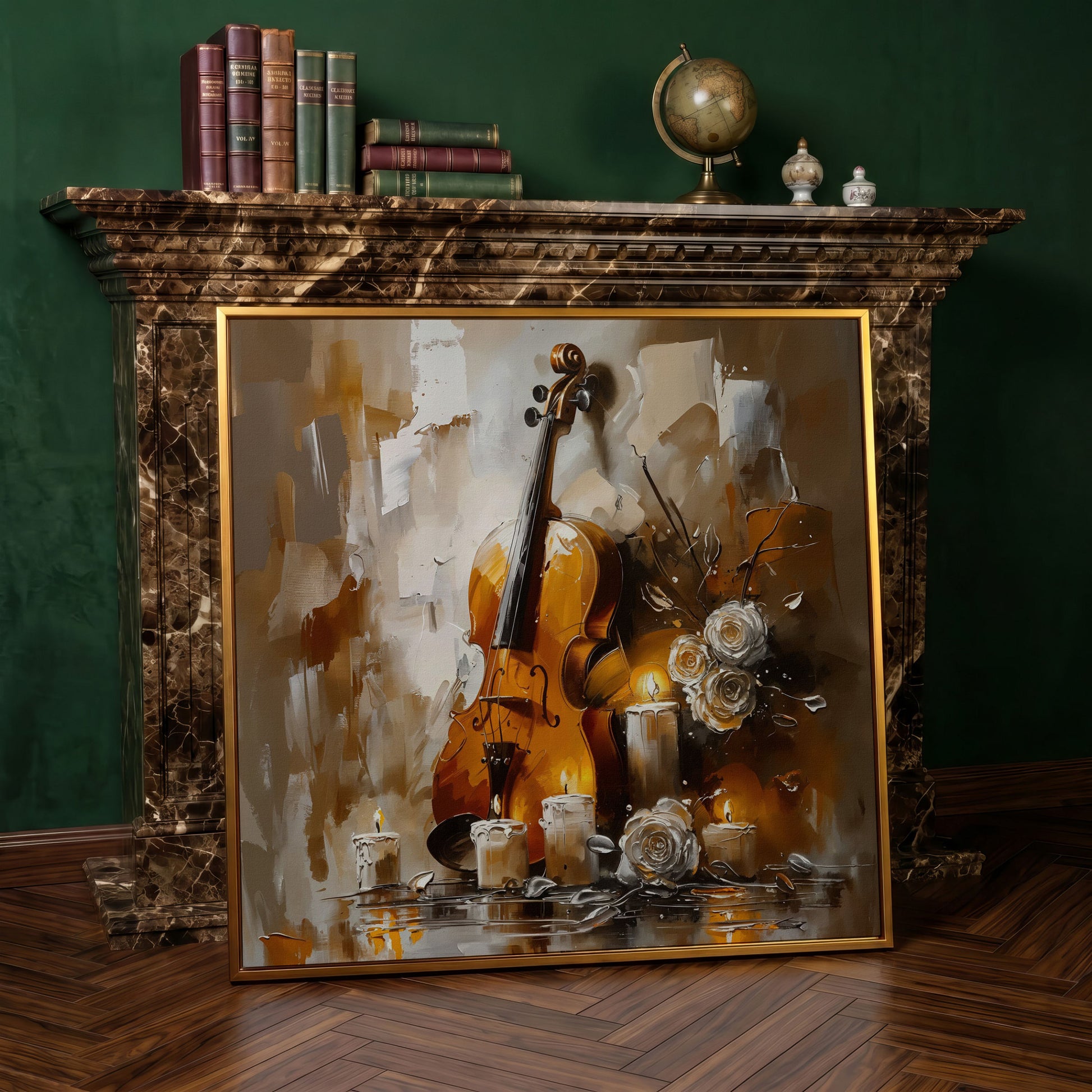 Vintage Violin Still Life Canvas in antique gold floating frame