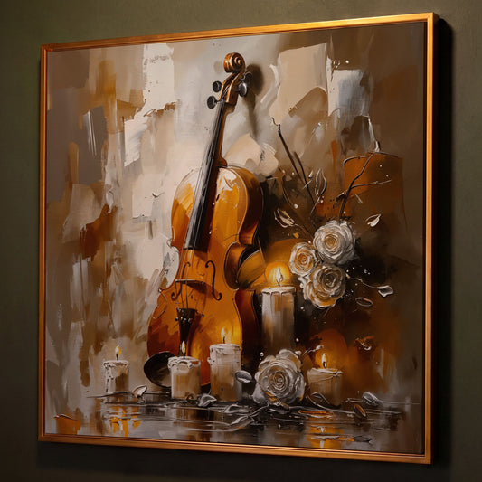 Vintage Violin Still Life Canvas shown in antique gold floating frame
