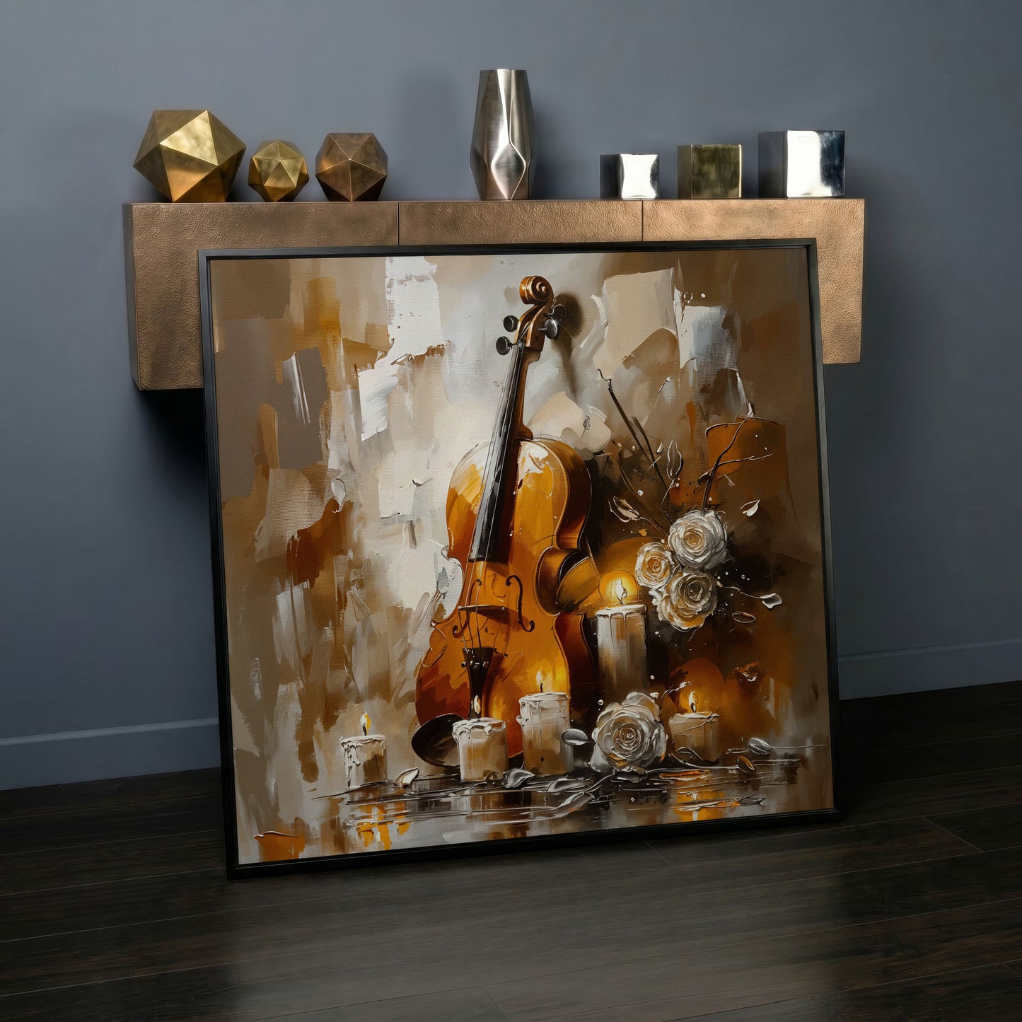 Vintage Violin Still Life Canvas in black floating frame