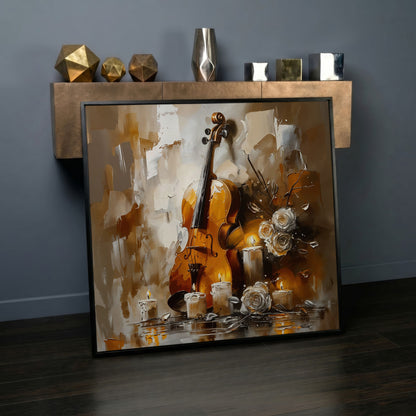 Vintage Violin Still Life Canvas in black floating frame