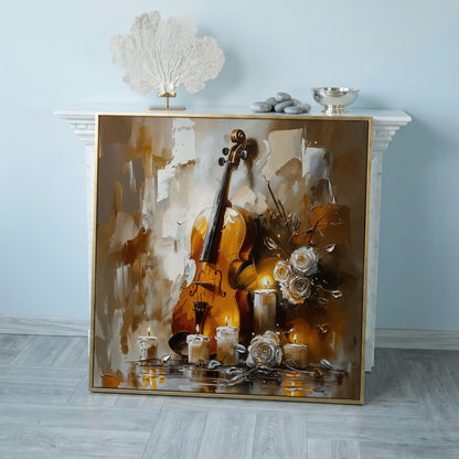 Vintage Violin Still Life Canvas in rose gold floating frame
