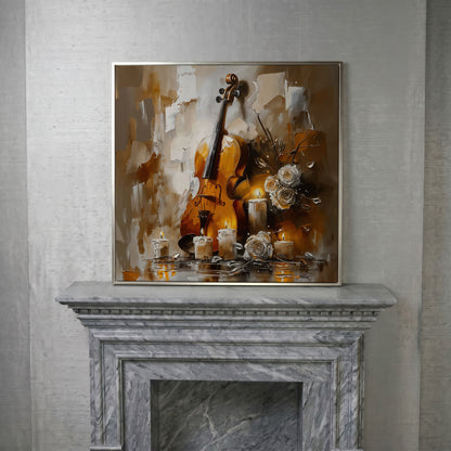 Vintage Violin Still Life Canvas in silver floating frame