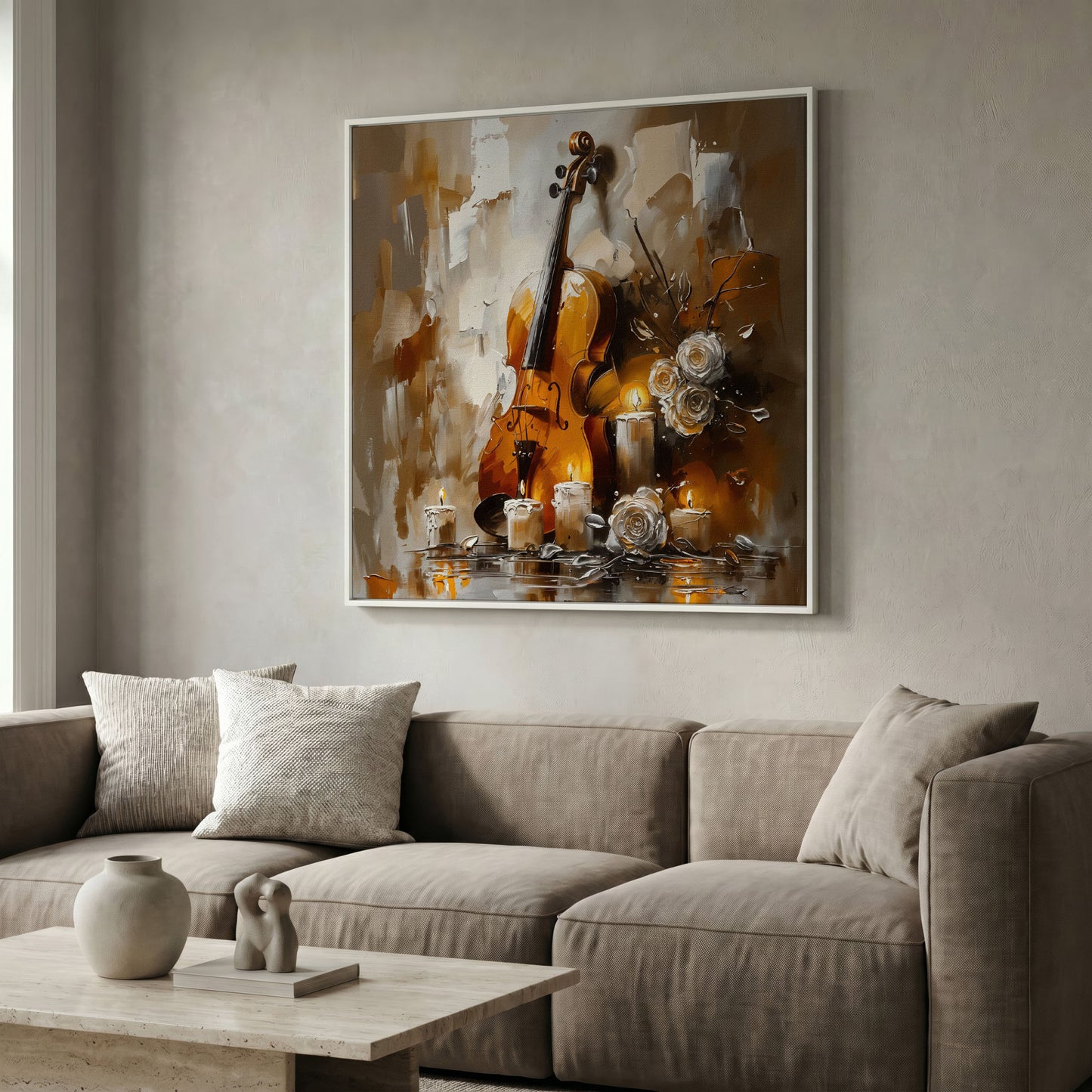 Vintage Violin Still Life Canvas in white floating frame