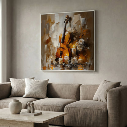 Vintage Violin Still Life Canvas in white floating frame