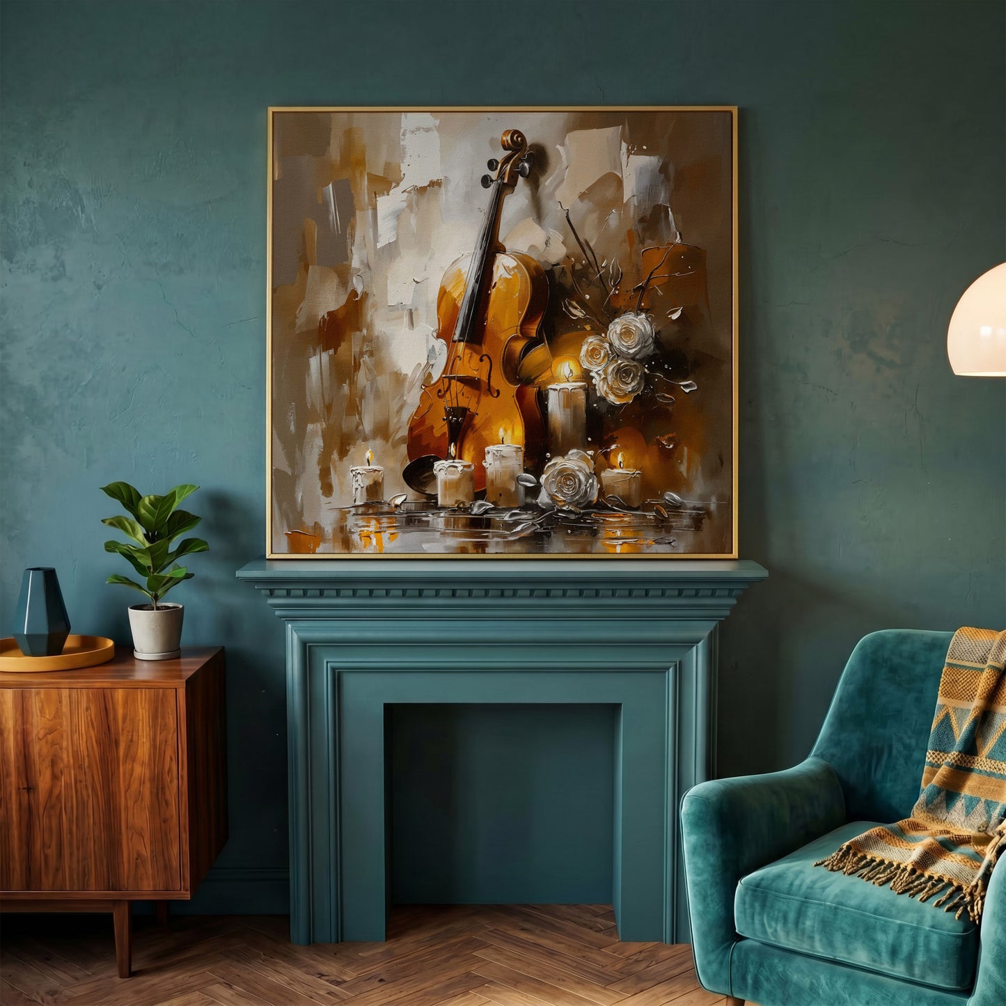 Vintage Violin Still Life Canvas in yellow gold floating frame