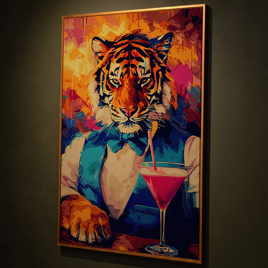 Elegant Tiger Canvas Print shown in antique gold floating frame