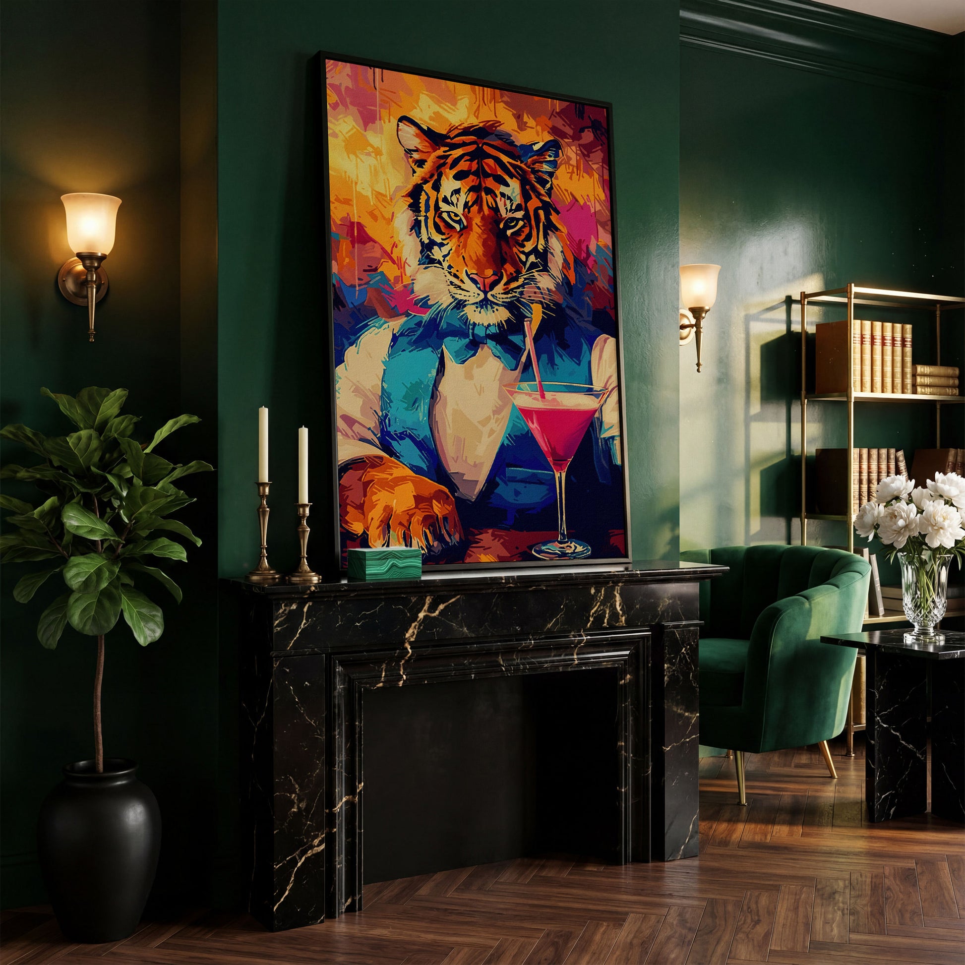 Elegant Tiger Canvas Print in black floating frame