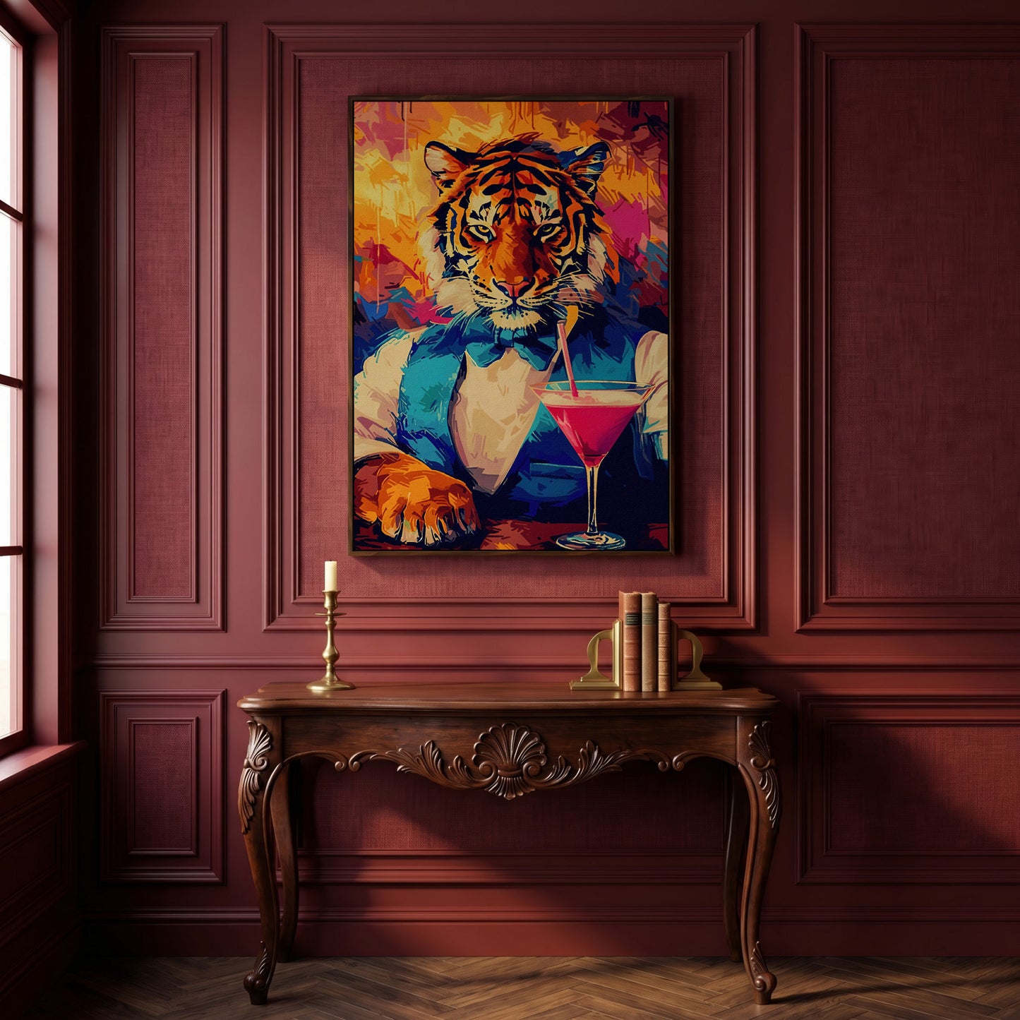 Elegant Tiger Canvas Print in dark walnut floating frame