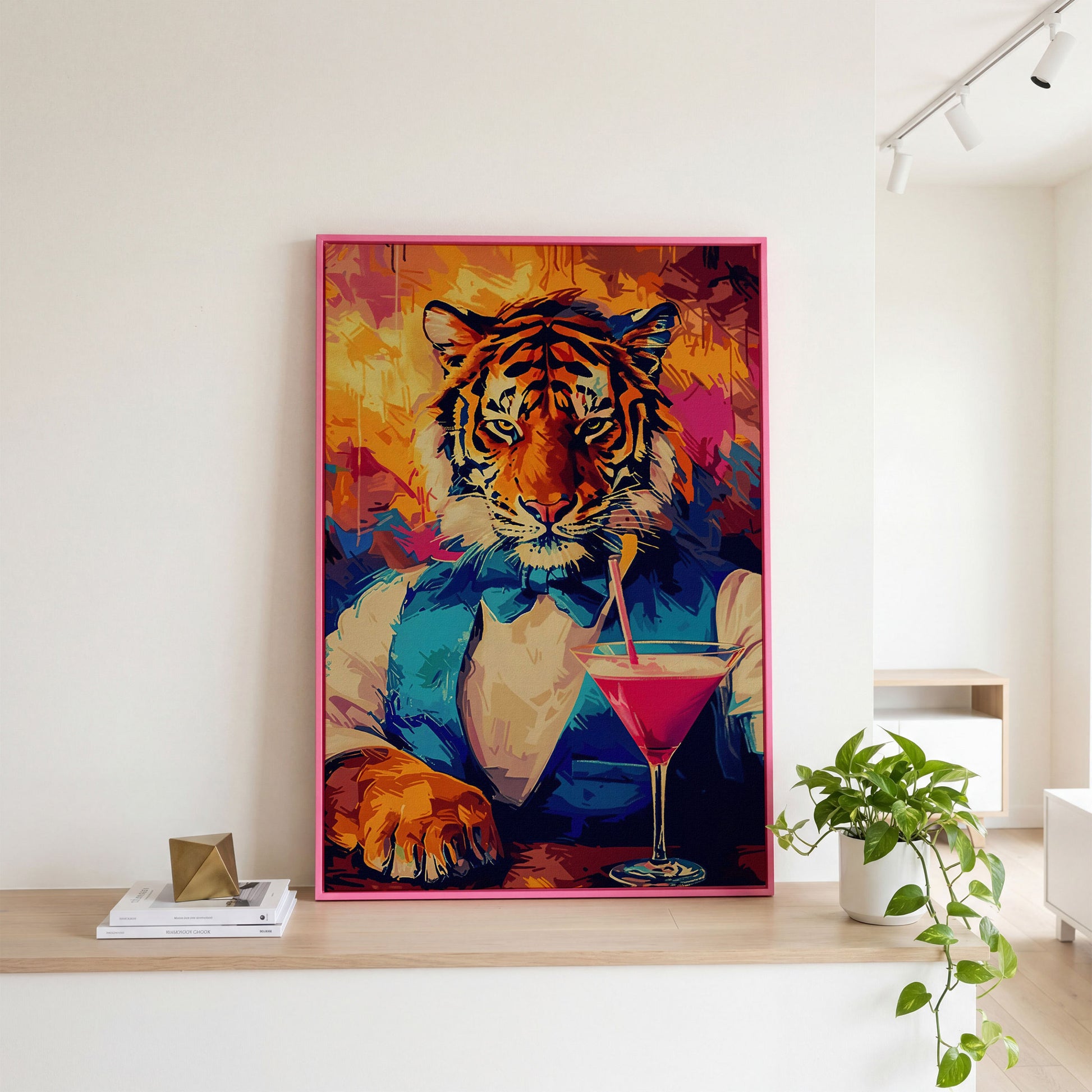 Elegant Tiger Canvas Print in pink floating frame