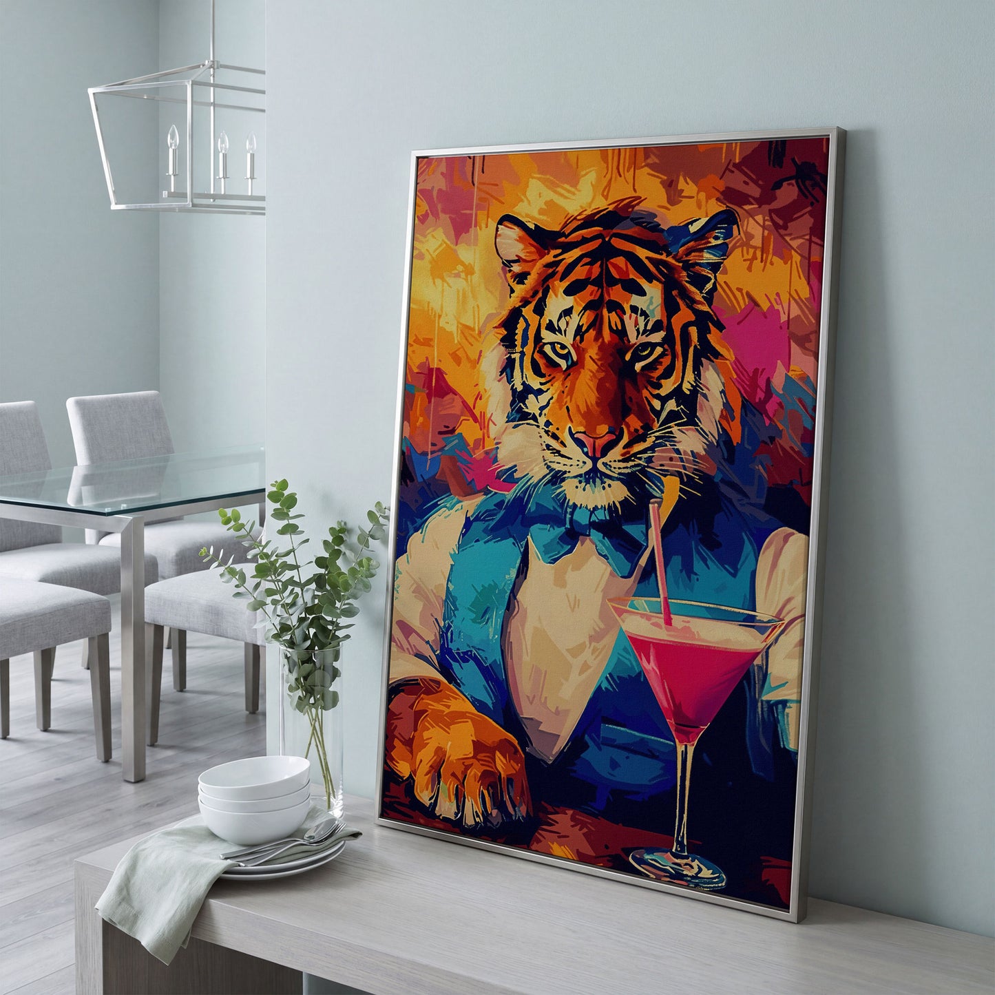 Elegant Tiger Canvas Print in silver floating frame