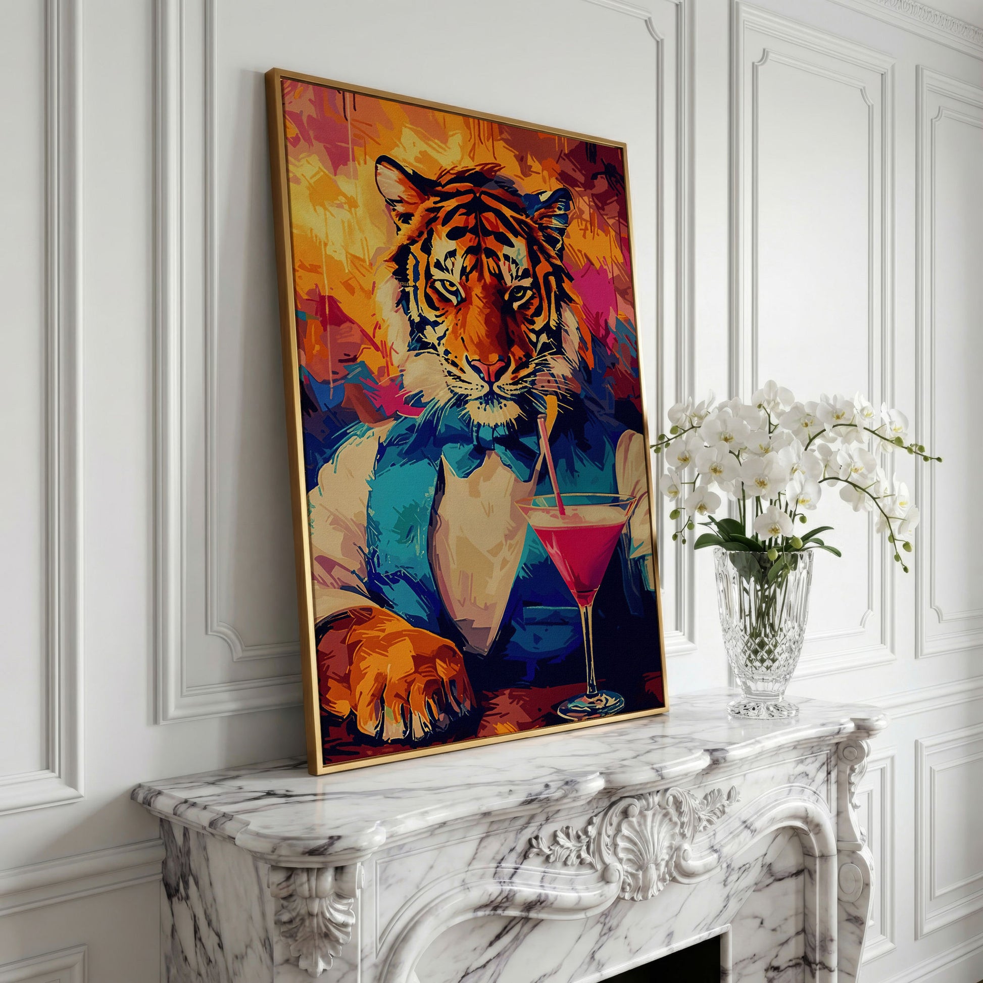Elegant Tiger Canvas Print in yellow gold floating frame