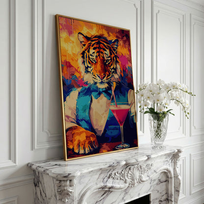 Elegant Tiger Canvas Print in yellow gold floating frame