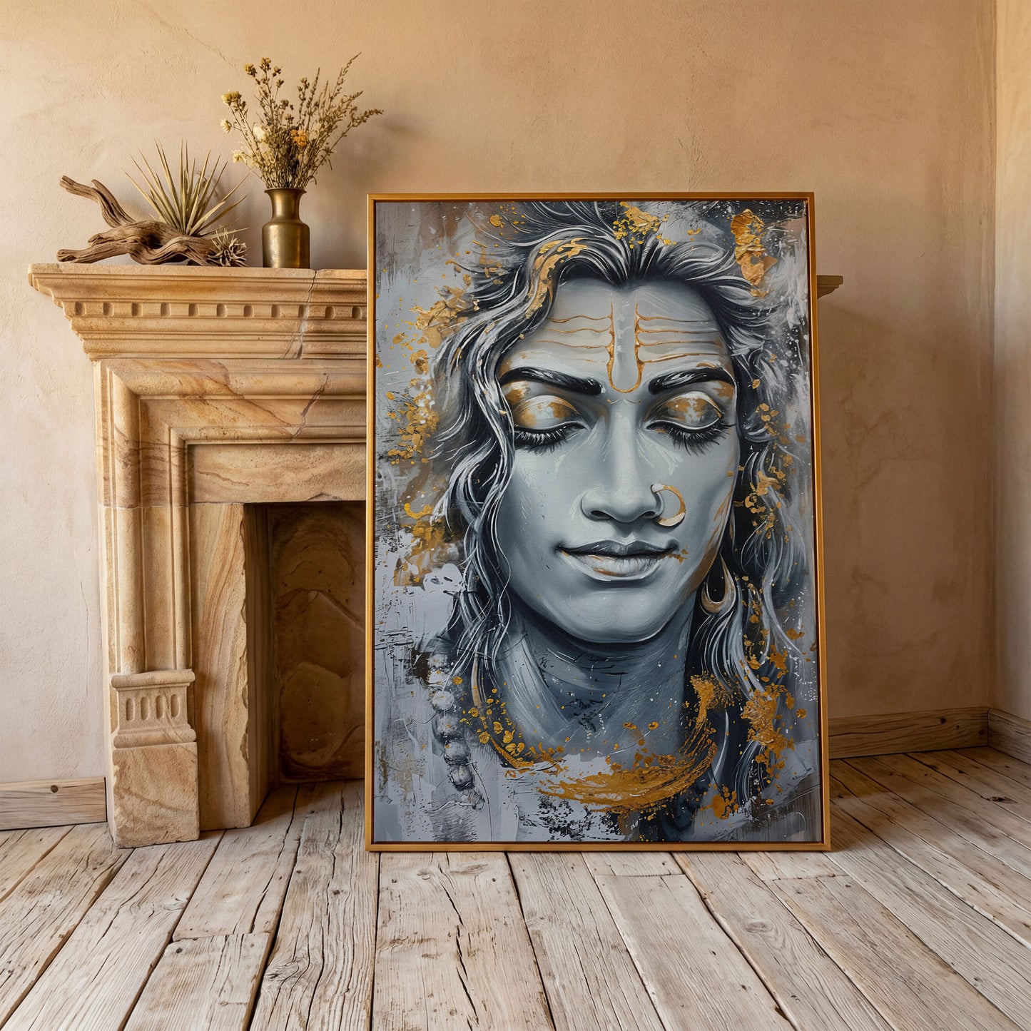 Shiva in Meditation Canvas in antique gold floating frame