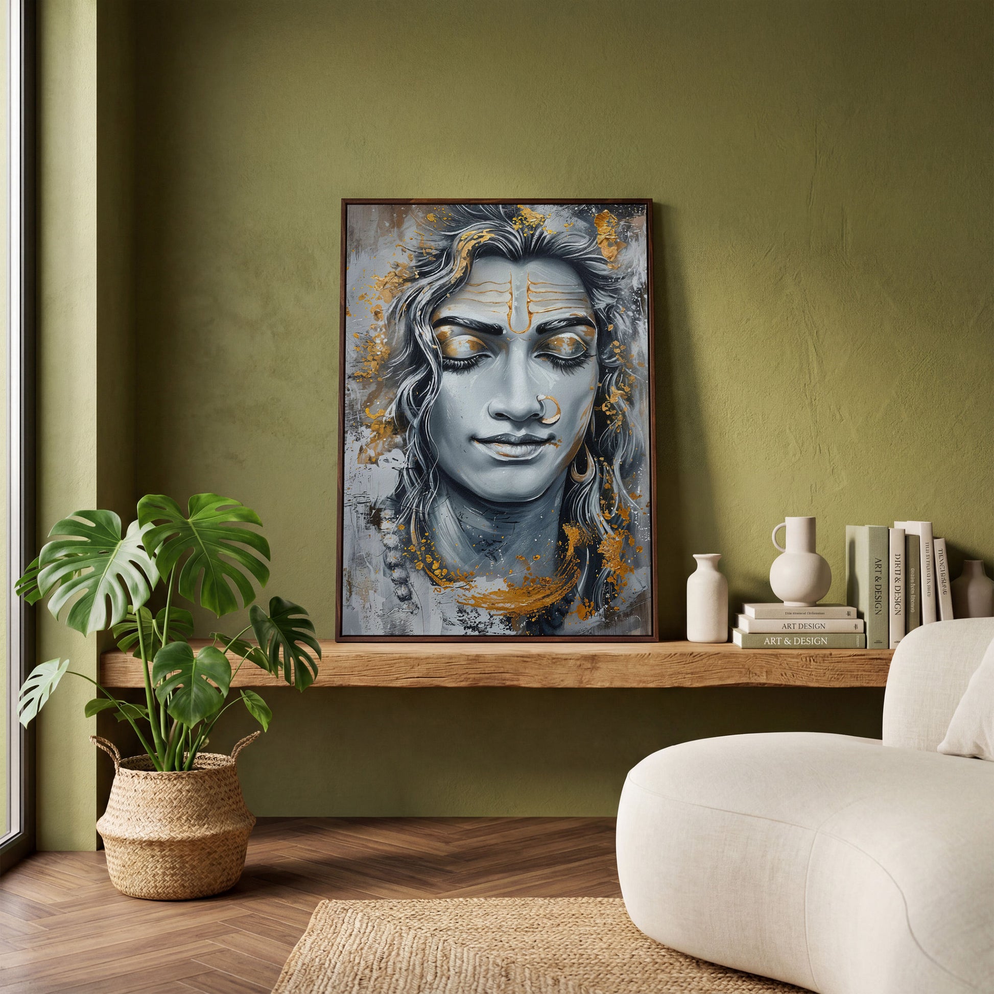Shiva in Meditation Canvas in dark walnut floating frame