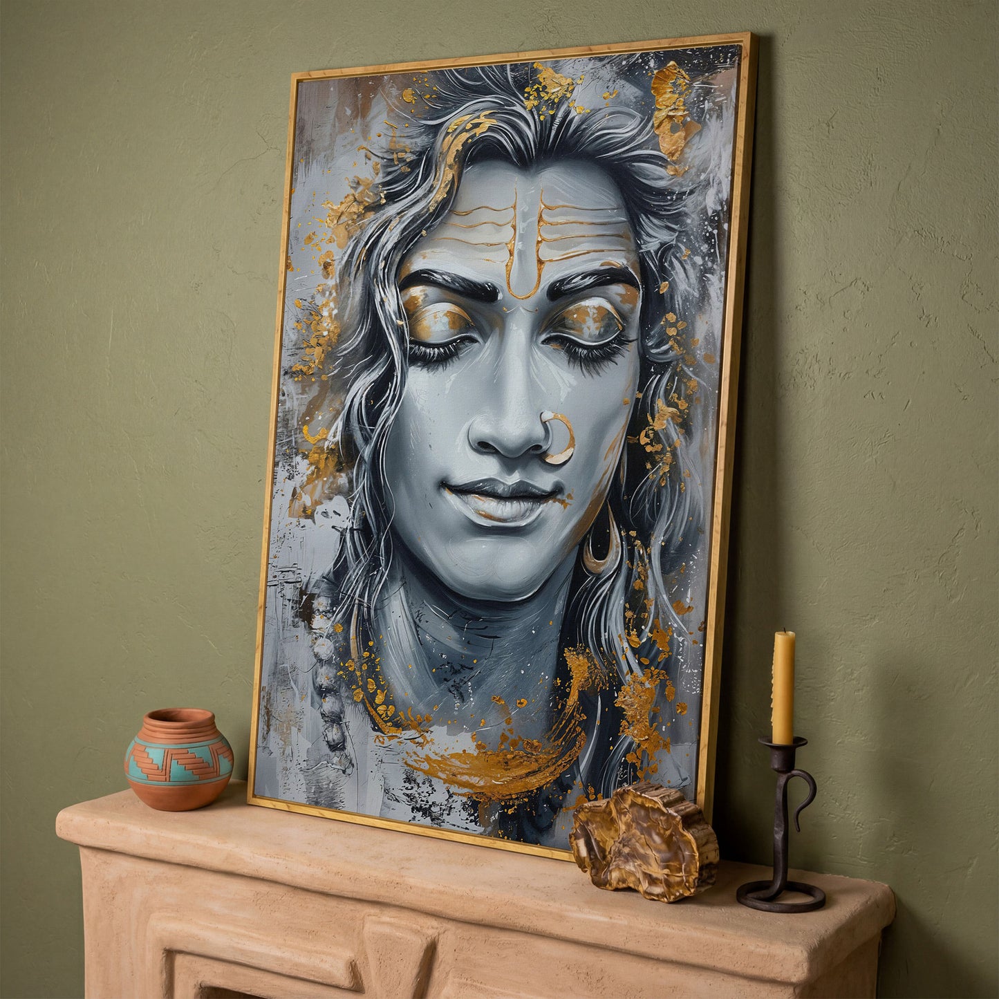 Shiva in Meditation Canvas in white oak floating frame