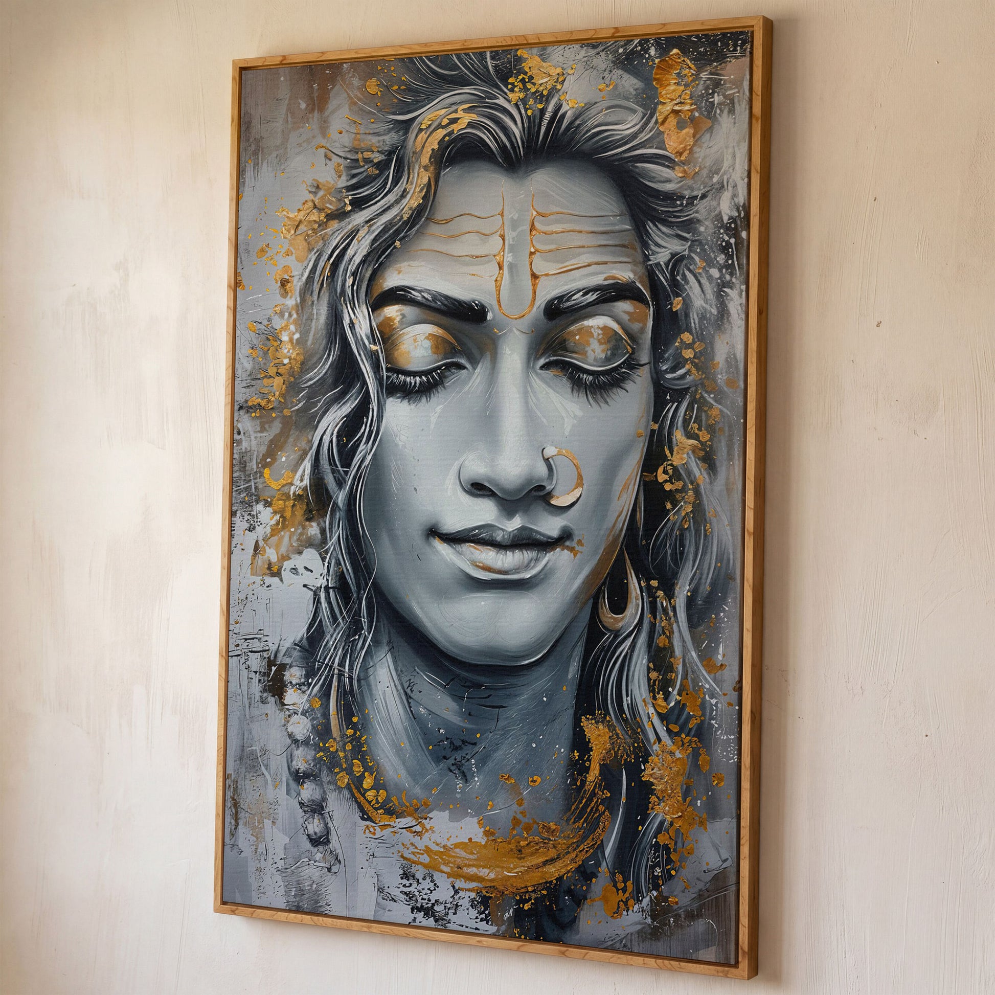Shiva in Meditation Canvas shown in white oak floating frame