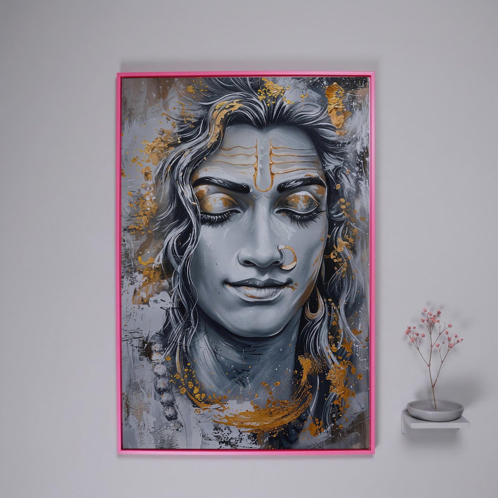 Shiva in Meditation Canvas in pink floating frame
