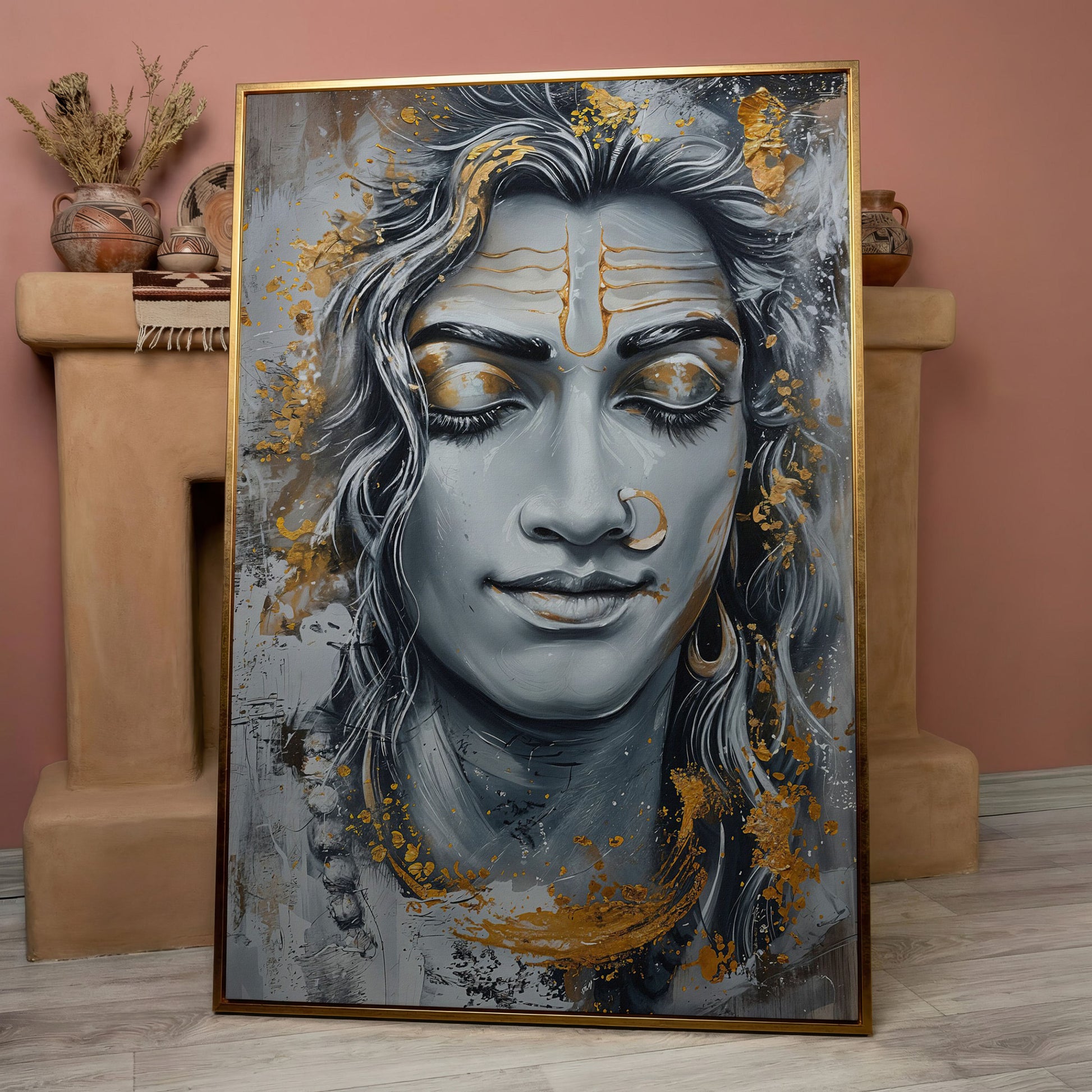 Shiva in Meditation Canvas in rose gold floating frame