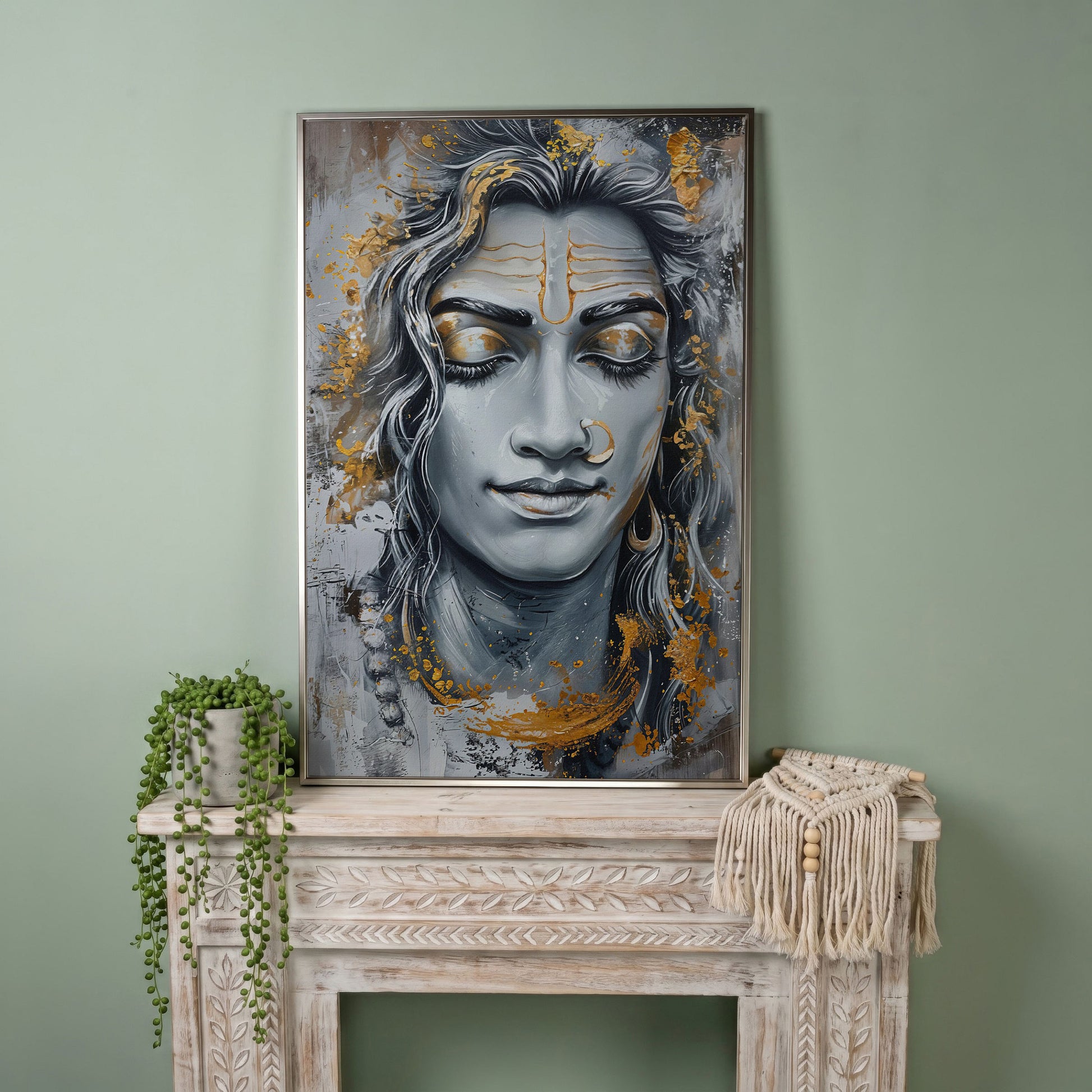 Shiva in Meditation Canvas in silver floating frame