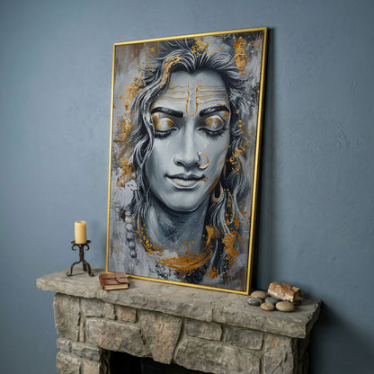 Shiva in Meditation Canvas in yellow gold floating frame