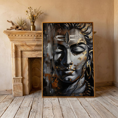 Majestic Shiva Spiritual Canvas Print in antique gold floating frame