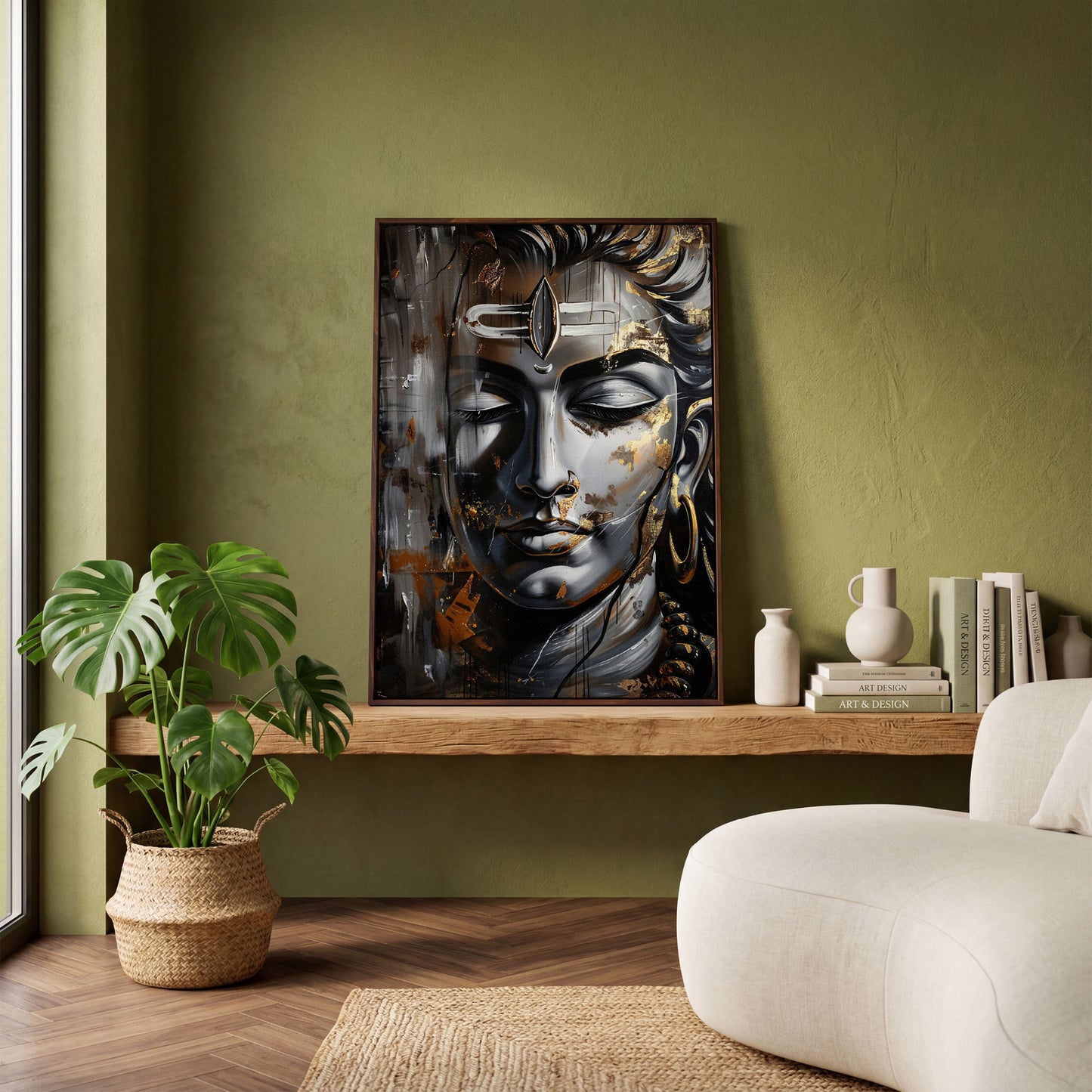 Majestic Shiva Spiritual Canvas Print in dark walnut floating frame