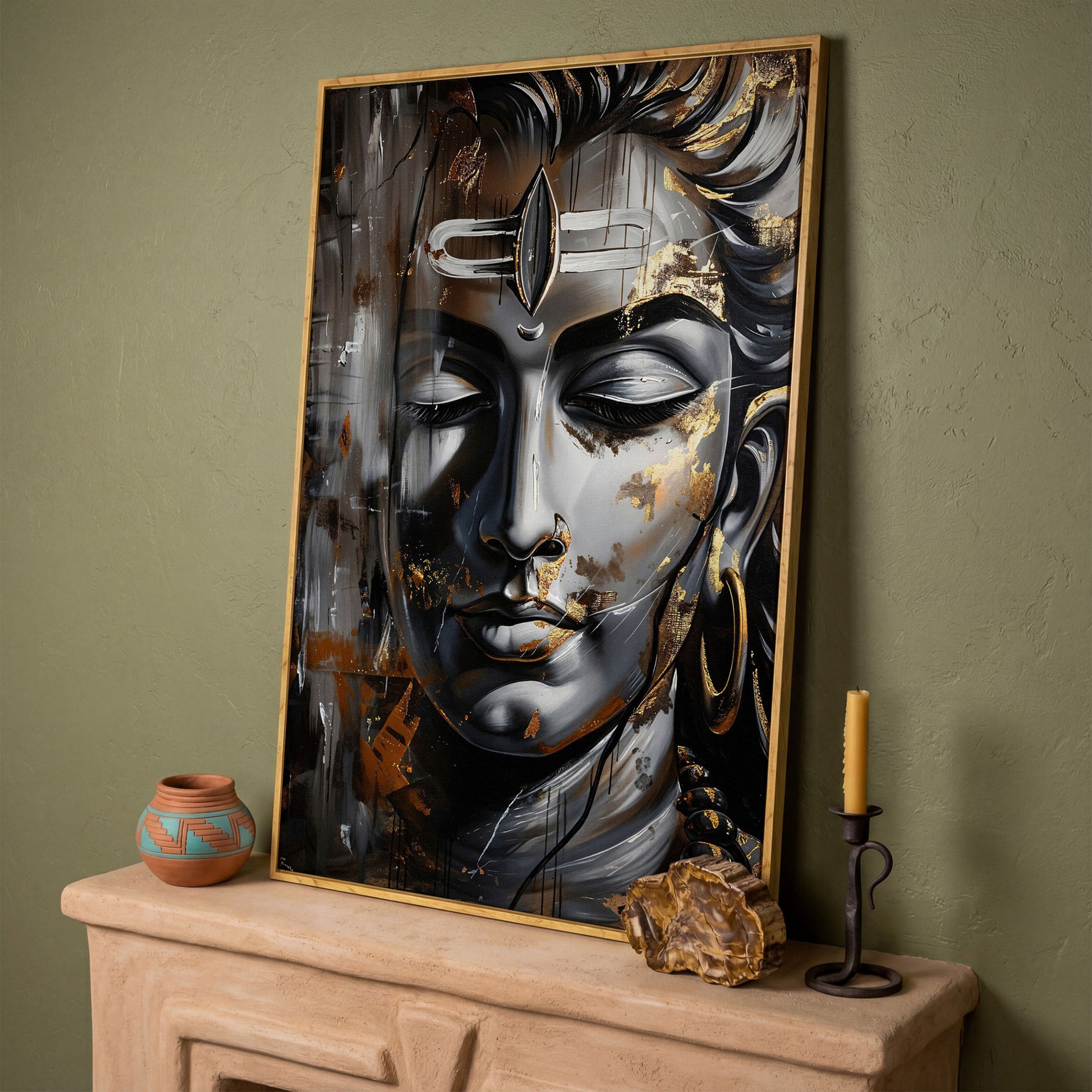 Majestic Shiva Spiritual Canvas Print in white oak floating frame