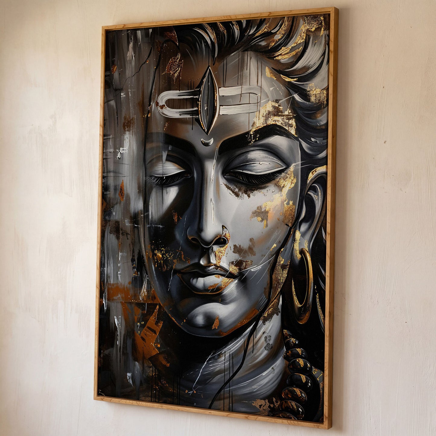 Majestic Shiva Spiritual Canvas Print shown in white oak floating frame