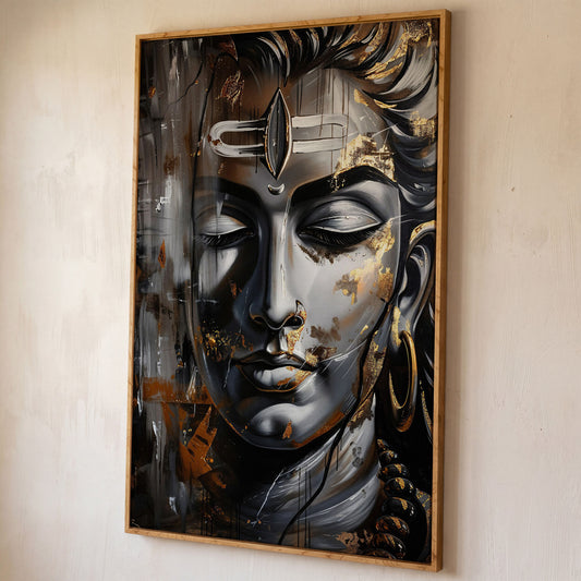 Majestic Shiva Spiritual Canvas Print shown in white oak floating frame