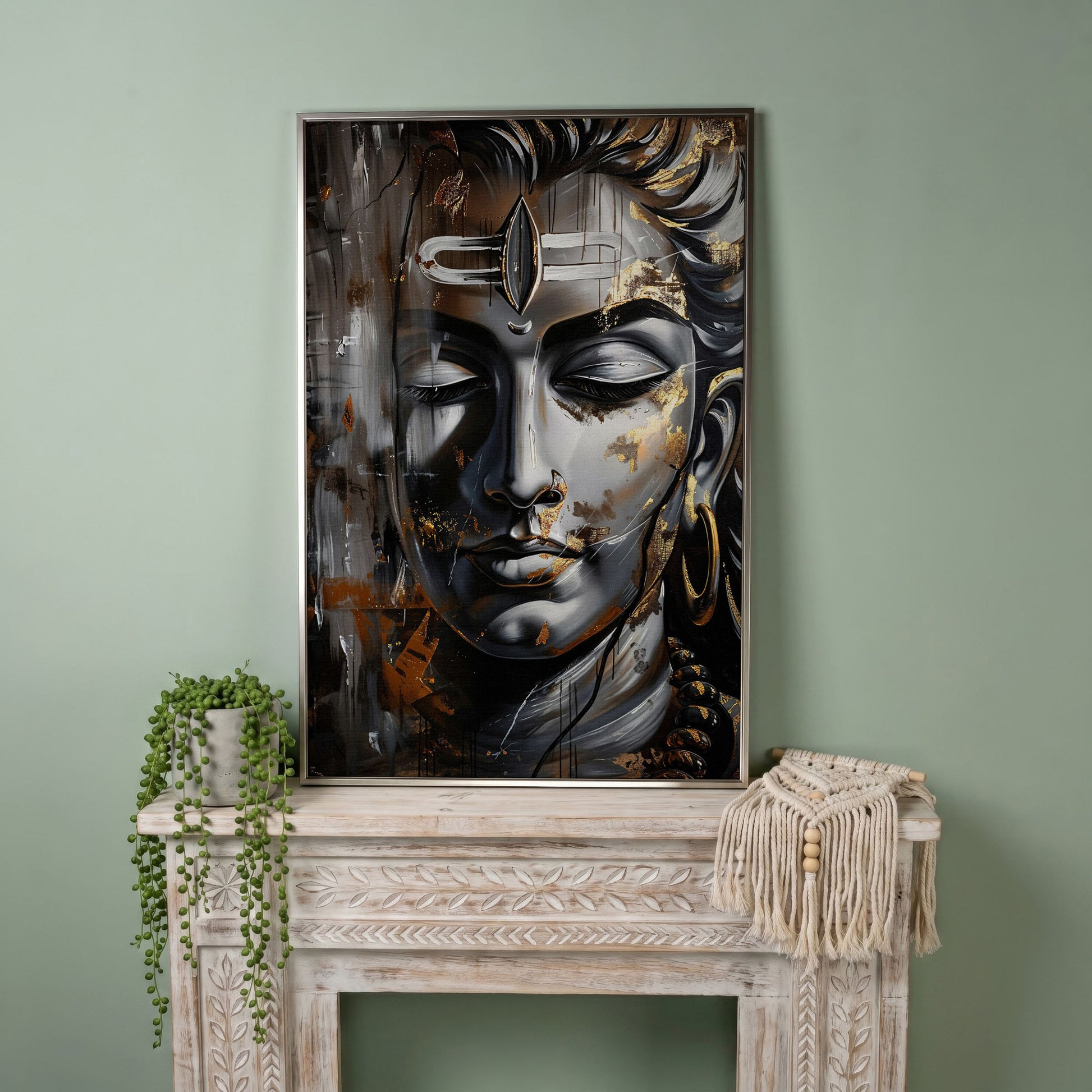 Majestic Shiva Spiritual Canvas Print in silver floating frame