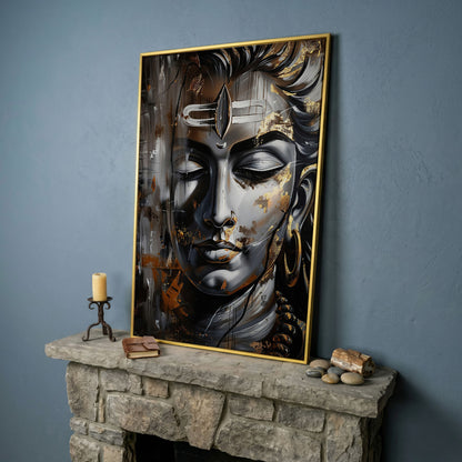 Majestic Shiva Spiritual Canvas Print in yellow gold floating frame