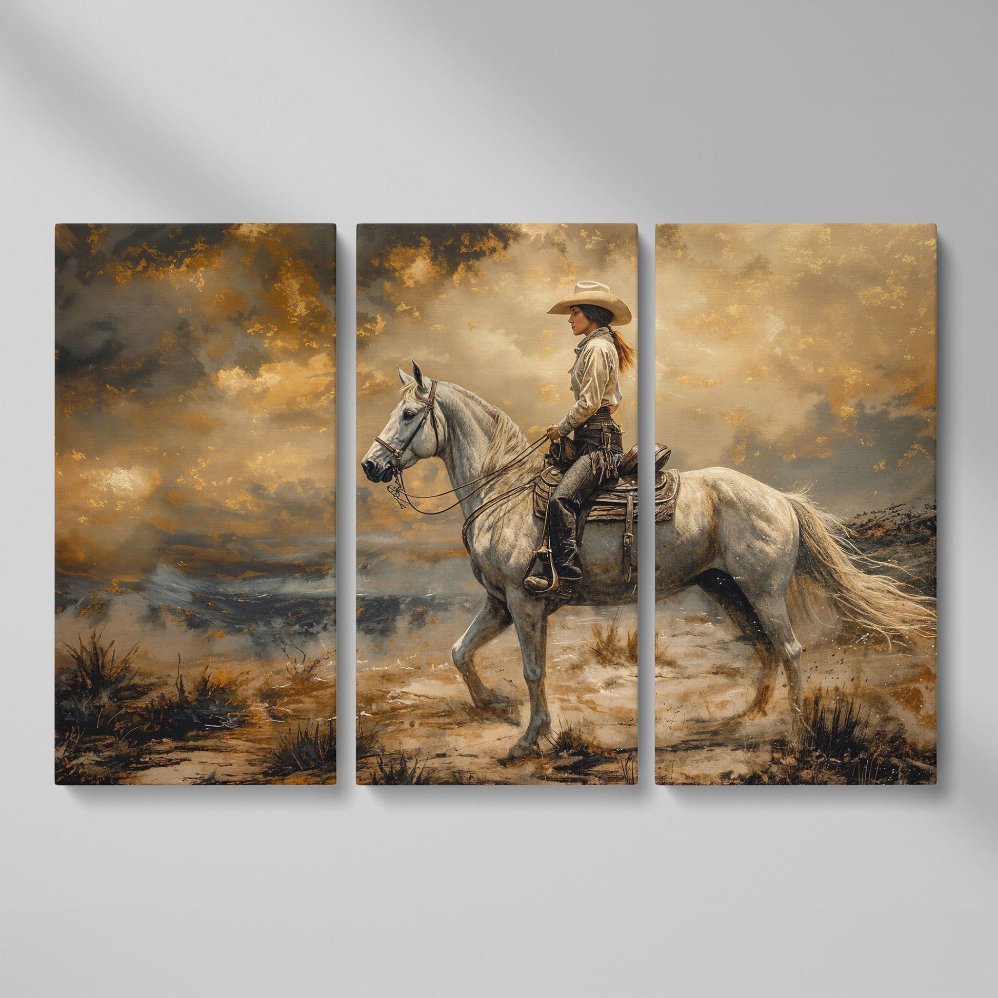 Cowgirl on White Horse Canvas Print as 3-panel split version