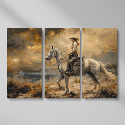 Cowgirl on White Horse Canvas Print as 3-panel split version