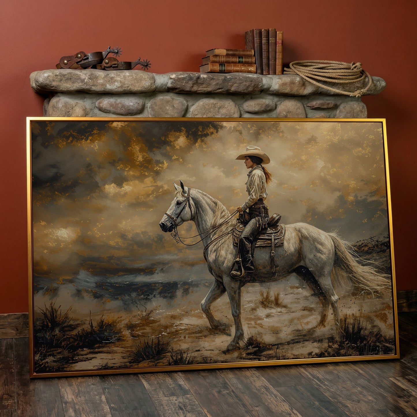 Cowgirl on White Horse Canvas Print in antique gold floating frame