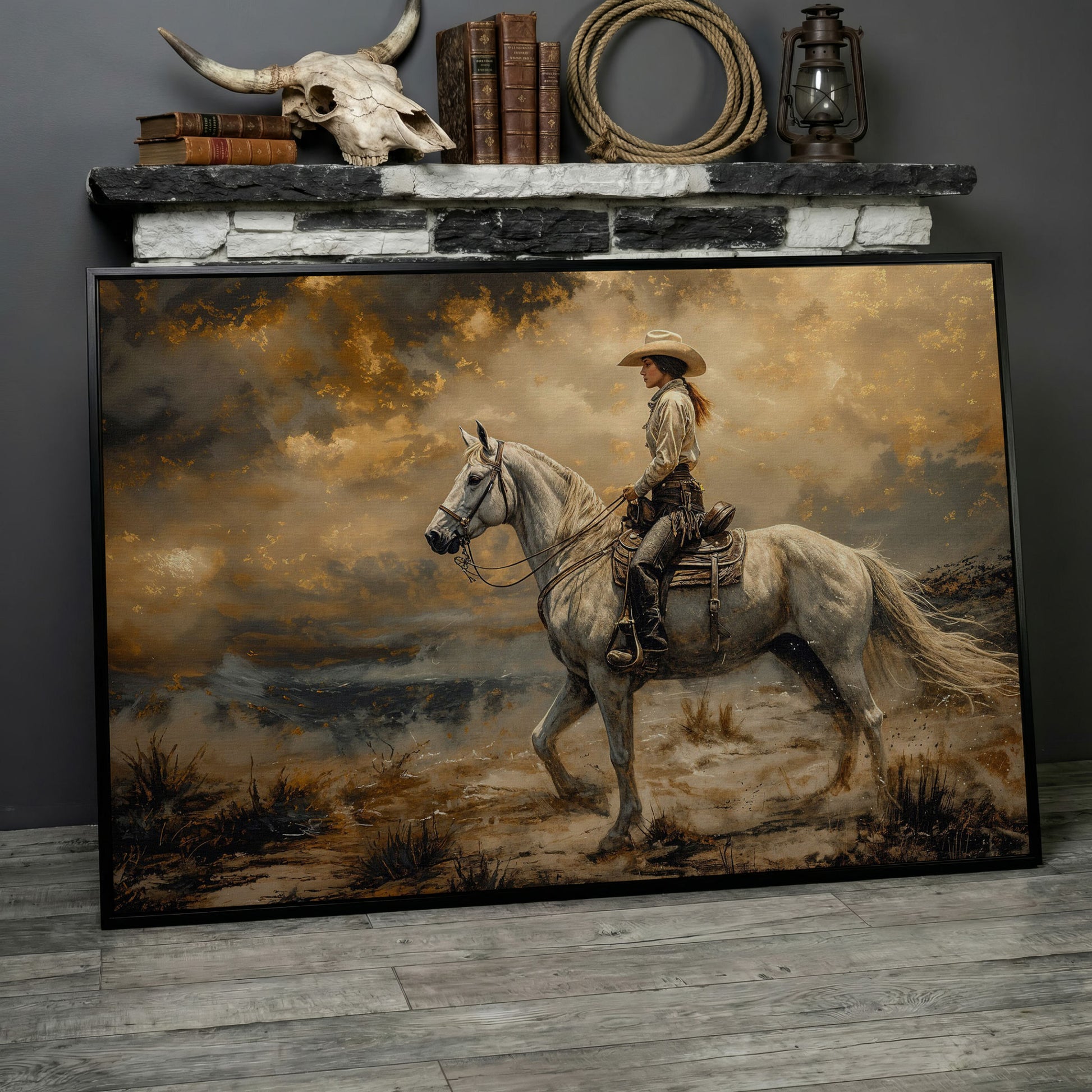 Cowgirl on White Horse Canvas Print in black floating frame