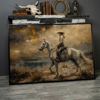 Cowgirl on White Horse Canvas Print in black floating frame