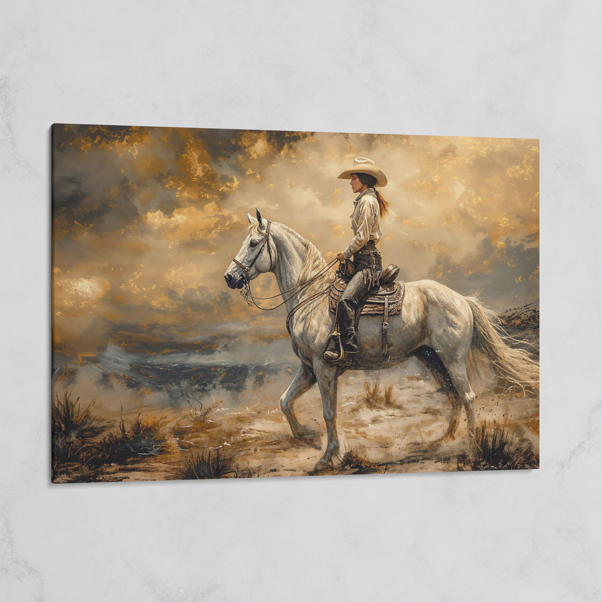 Cowgirl on White Horse Canvas Print on gallery wrap
