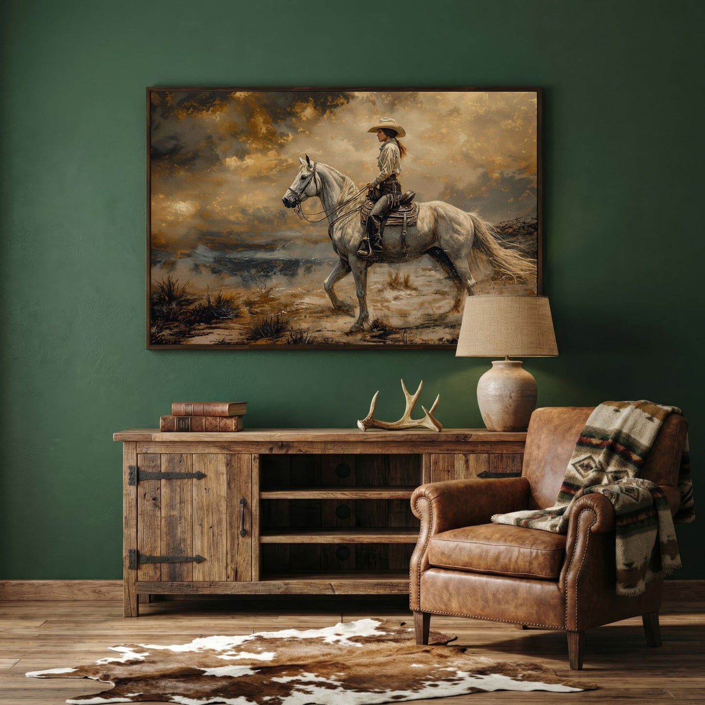 Cowgirl on White Horse Canvas Print in dark walnut floating frame