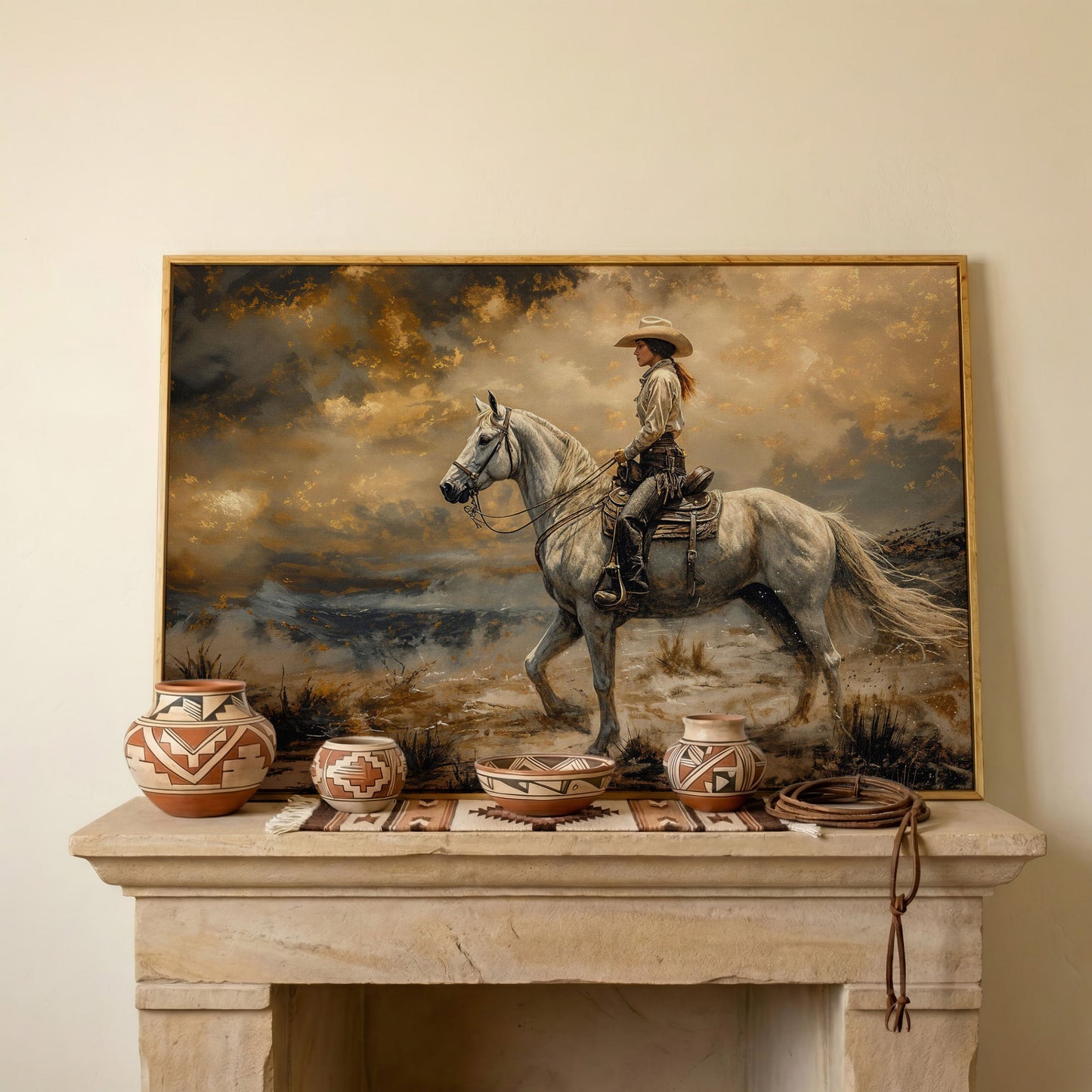 Cowgirl on White Horse Canvas Print in white oak floating frame